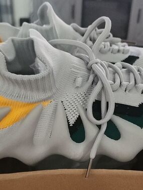 Light Gray Knit Athletic Sneakers with Yellow & Teal Accents